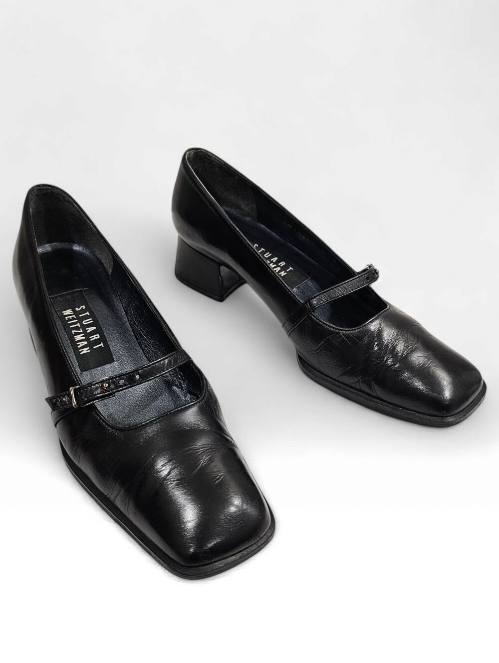 Vtg 90s STUART WEITZMAN Black Leather Block Heel Mary Jane Pumps 6B